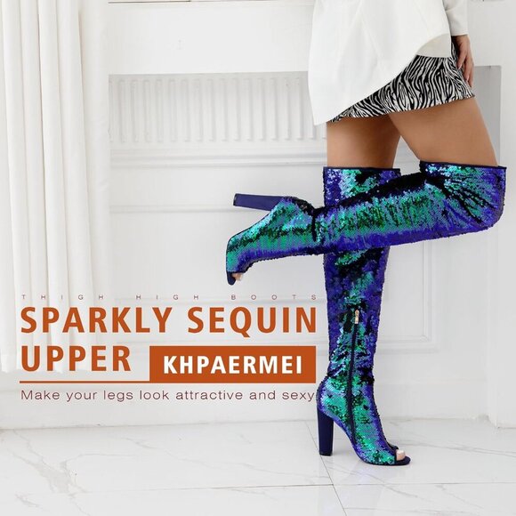 🆕Women Blue Sequin Over The Knee High Party Prom Open Toe Chunky High Heel Boot - Picture 5 of 8